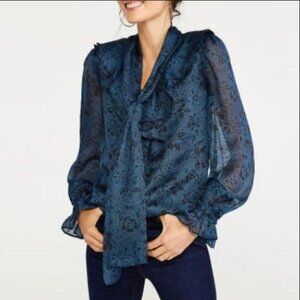 Ann Taylor Womens Plus XXL Blue Floral Long Sleeve Blouse Tie Neck Shirt Top